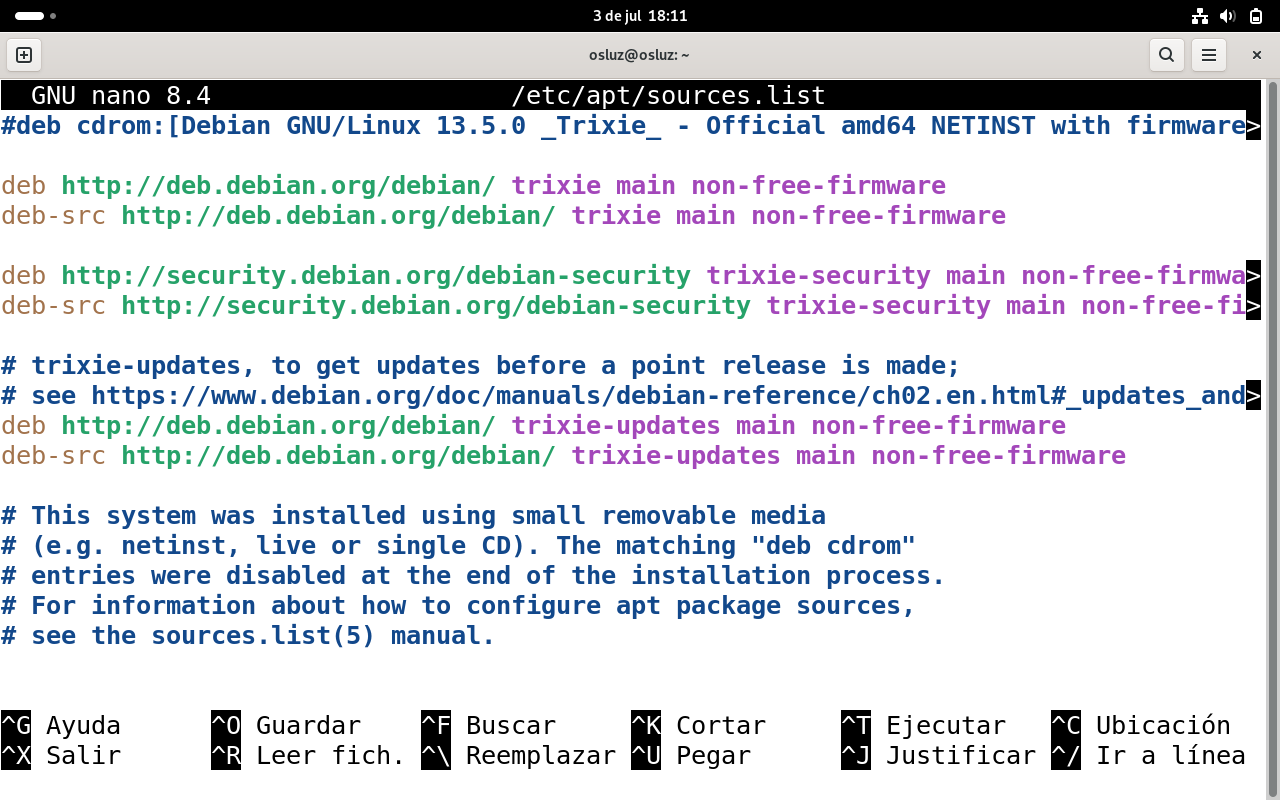 Paso 3 fichero sources.list antes de modificarlo en Debian 13
