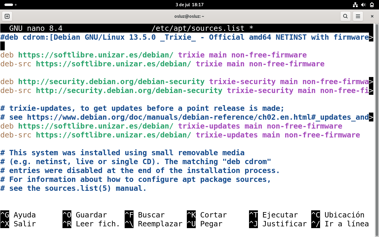 Paso 4 fichero sources.list modificado en Debian 13