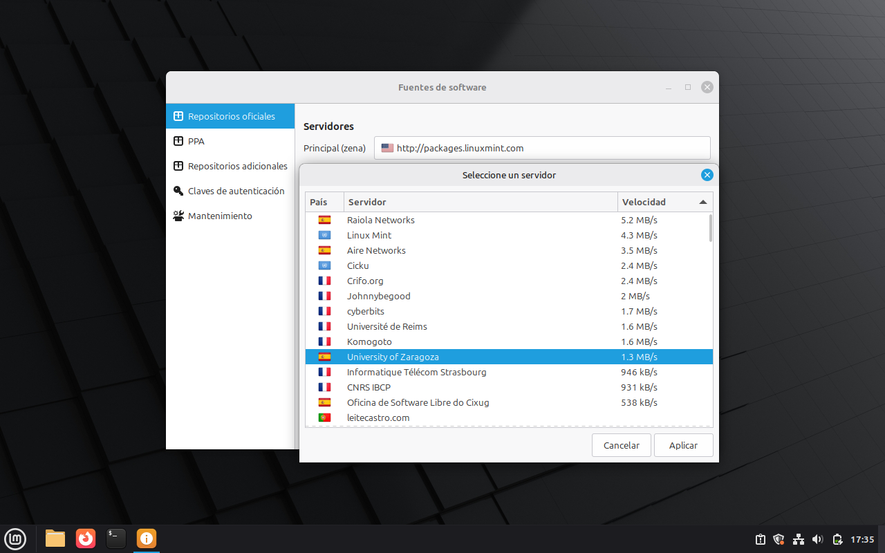 Seleccionar University of Zaragoza como servidor principal de Linux Mint