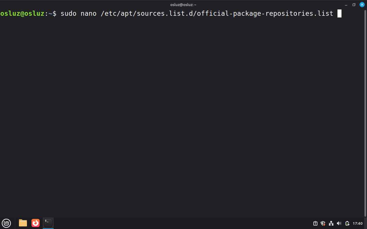 Abrir el fichero de repositorios de Linux Mint con nano