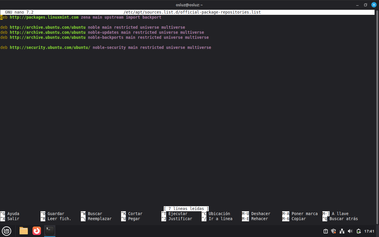 Fichero de repositorios de Linux Mint antes de modificarlo