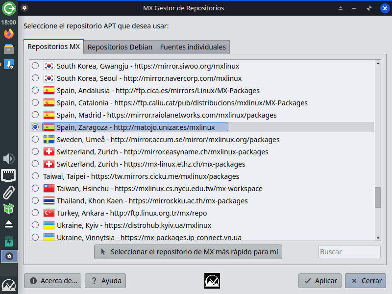 Seleccionar el repositorio de Zaragoza en MX Linux