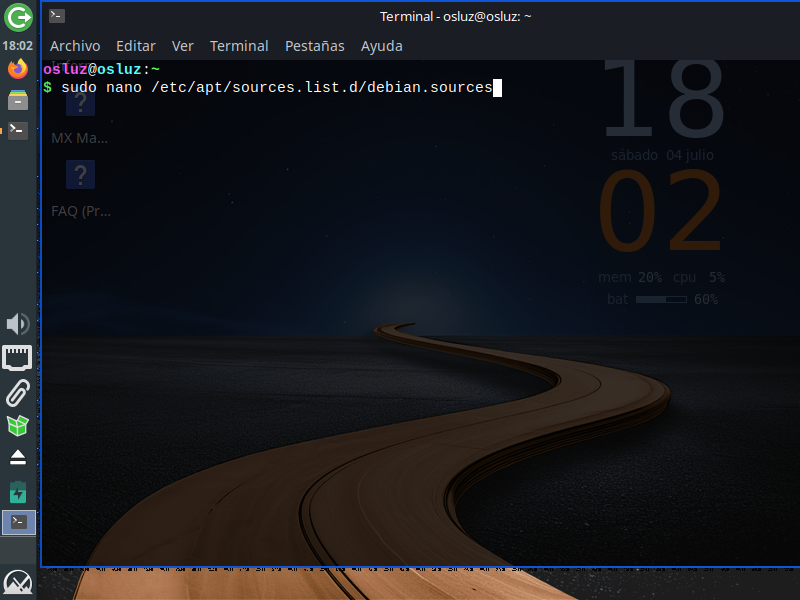 Abrir debian.sources con nano en MX Linux