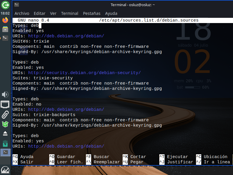 Fichero debian.sources antes de modificarlo en MX Linux