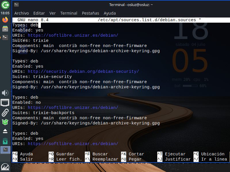 Fichero debian.sources configurado con el mirror de UNIZAR en MX Linux