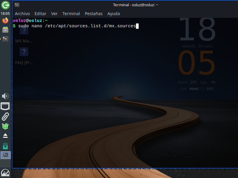 Abrir mx.sources con nano en MX Linux