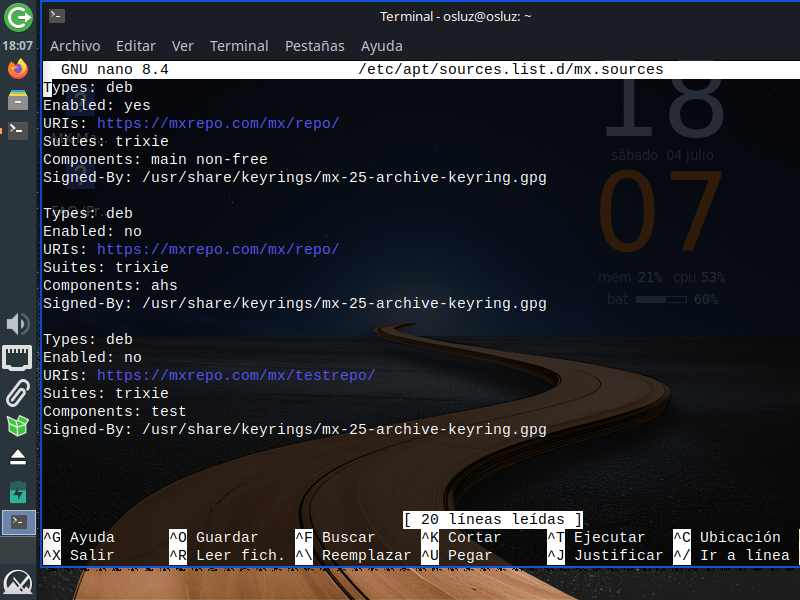 Fichero mx.sources antes de modificarlo en MX Linux