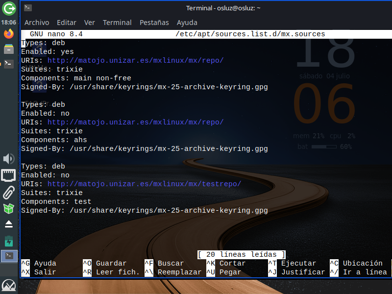Fichero mx.sources configurado con el mirror de UNIZAR en MX Linux