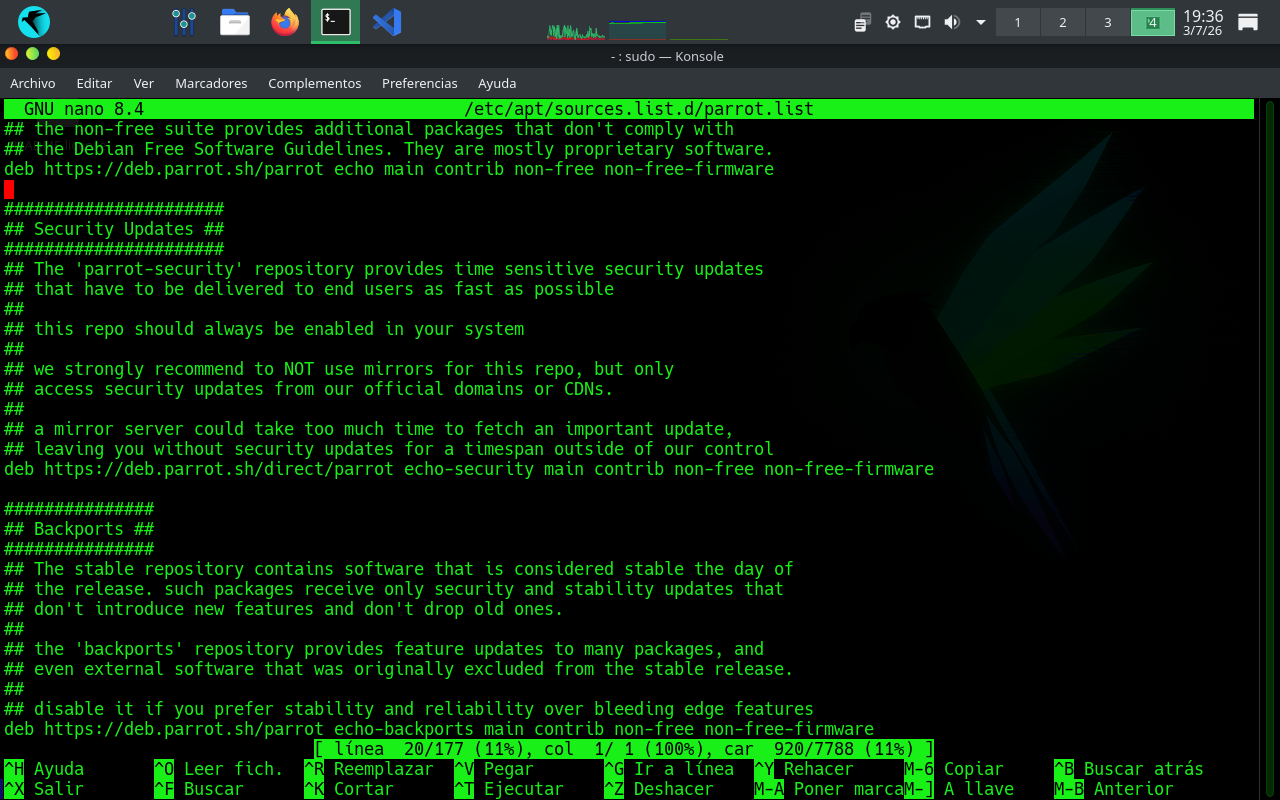 Editar parrot.list antes de cambiar el mirror