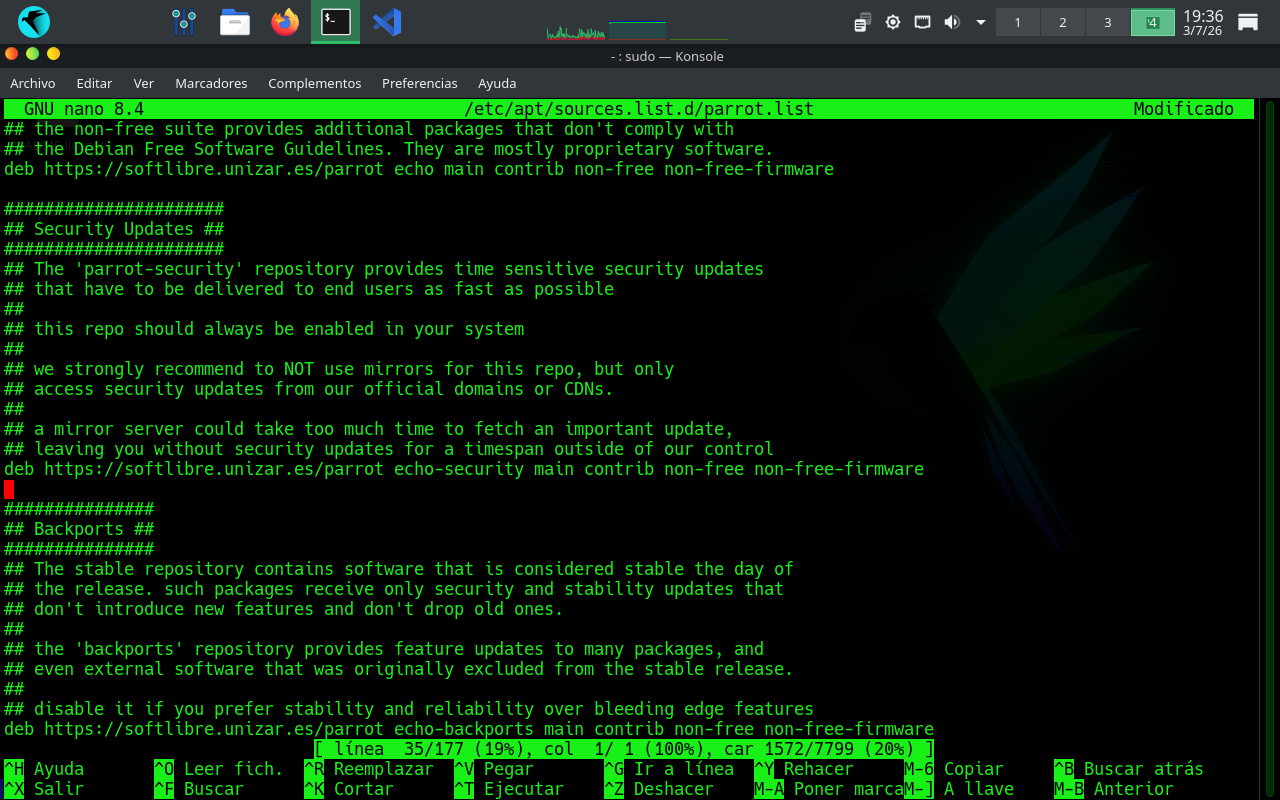 Fichero parrot.list configurado con el mirror de UNIZAR