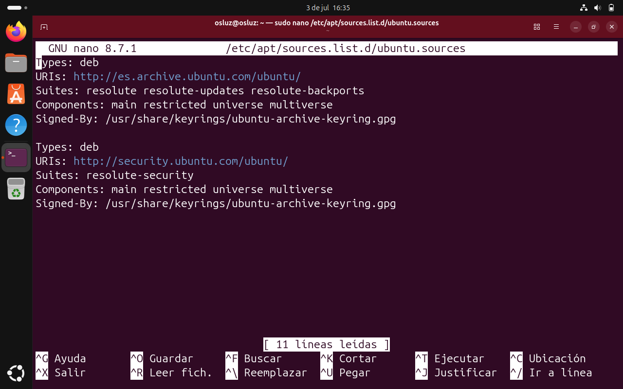 Fichero ubuntu.sources con repositorios por defecto