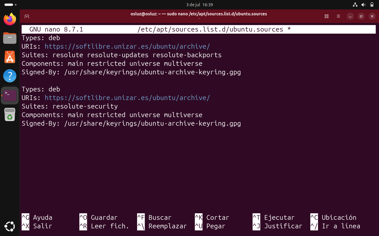 Fichero ubuntu.sources configurado con el mirror de UNIZAR