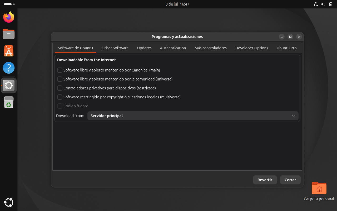 Repositorios configurados por defecto en Ubuntu