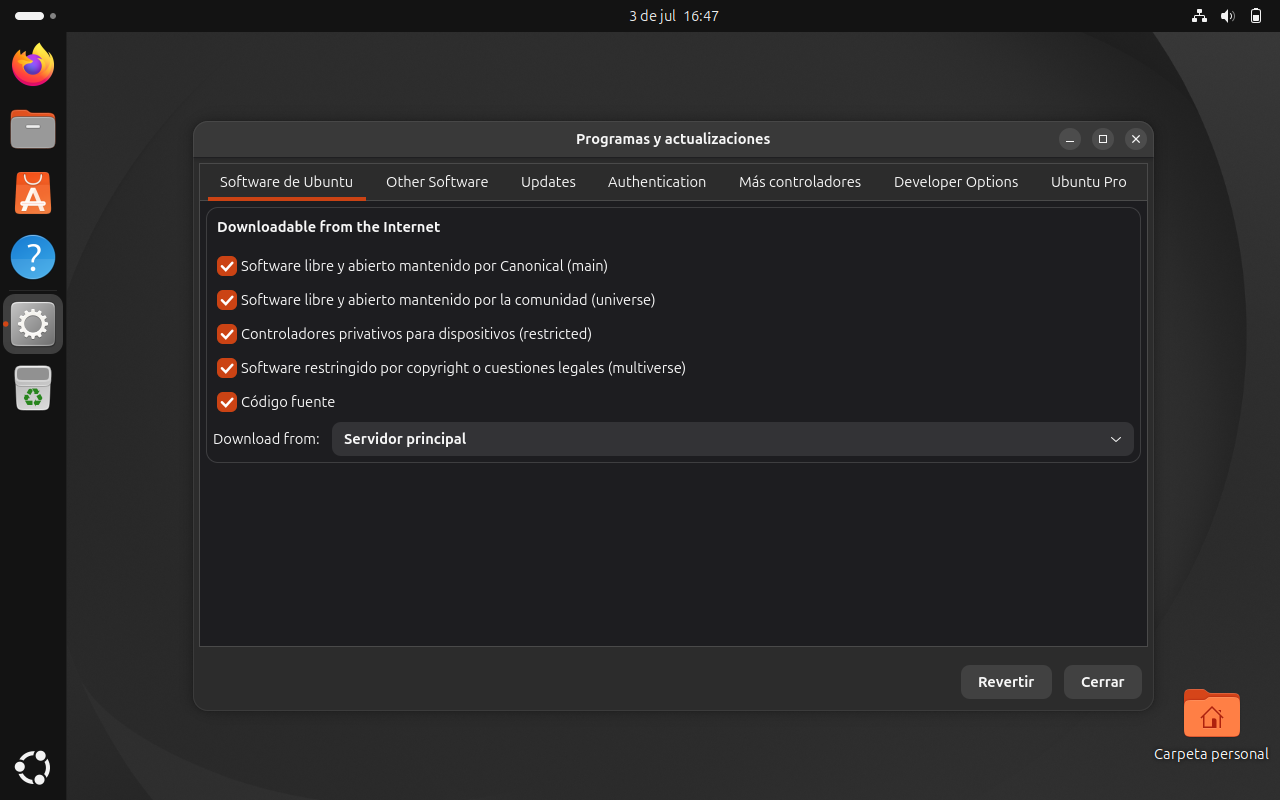 Componentes de software activados en Ubuntu