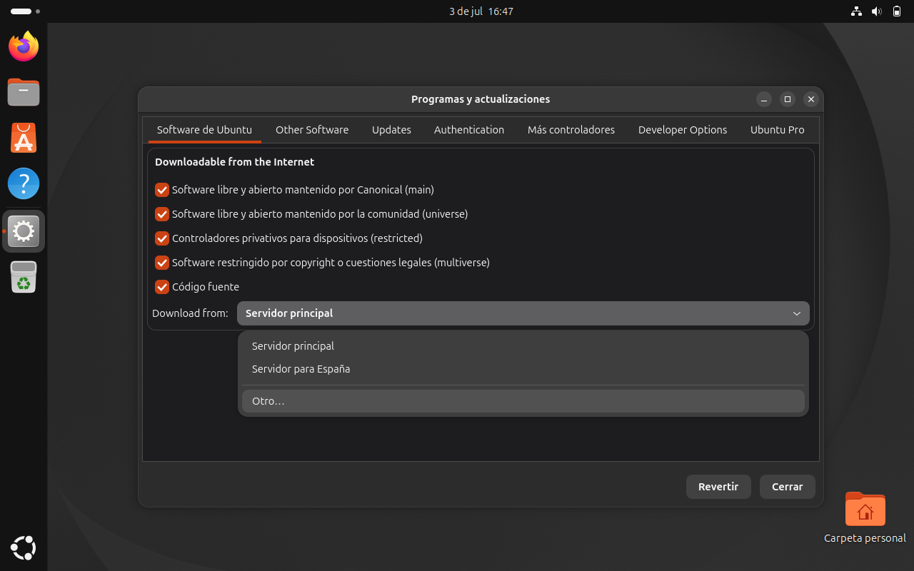 Seleccionar otro servidor de descarga en Ubuntu