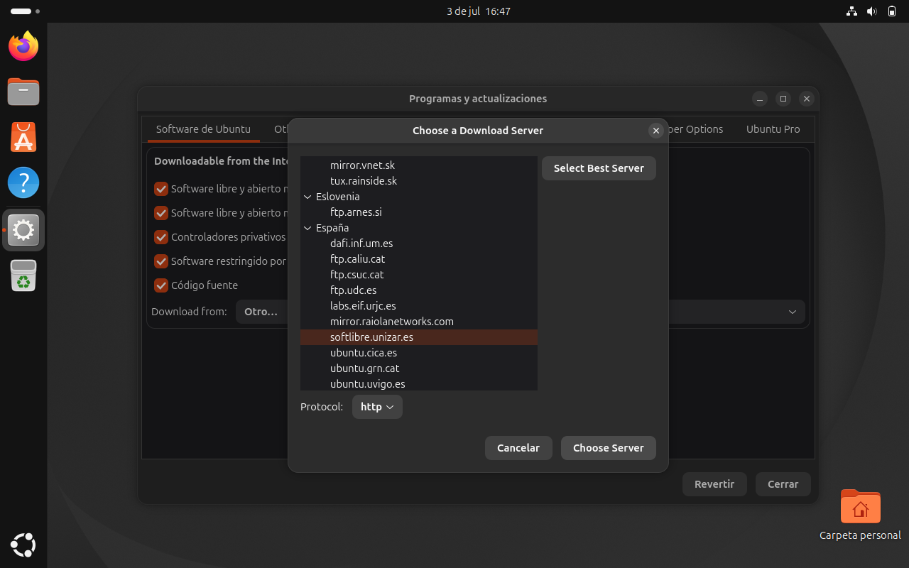 Seleccionar softlibre.unizar.es como mirror de Ubuntu